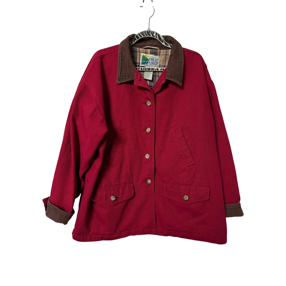 Great Lakes Country Red Cotton Canvas Barn Coat Plaid Lined Corduroy Trim XL